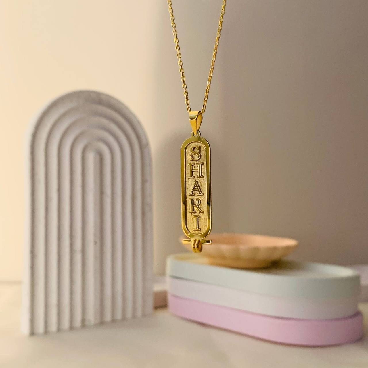 14K Gold Cartouche Name Necklace, Custom Cartouche Name Necklace, Gold Bar Necklace, Engraved Name Necklace, Filled Bar Name Necklace