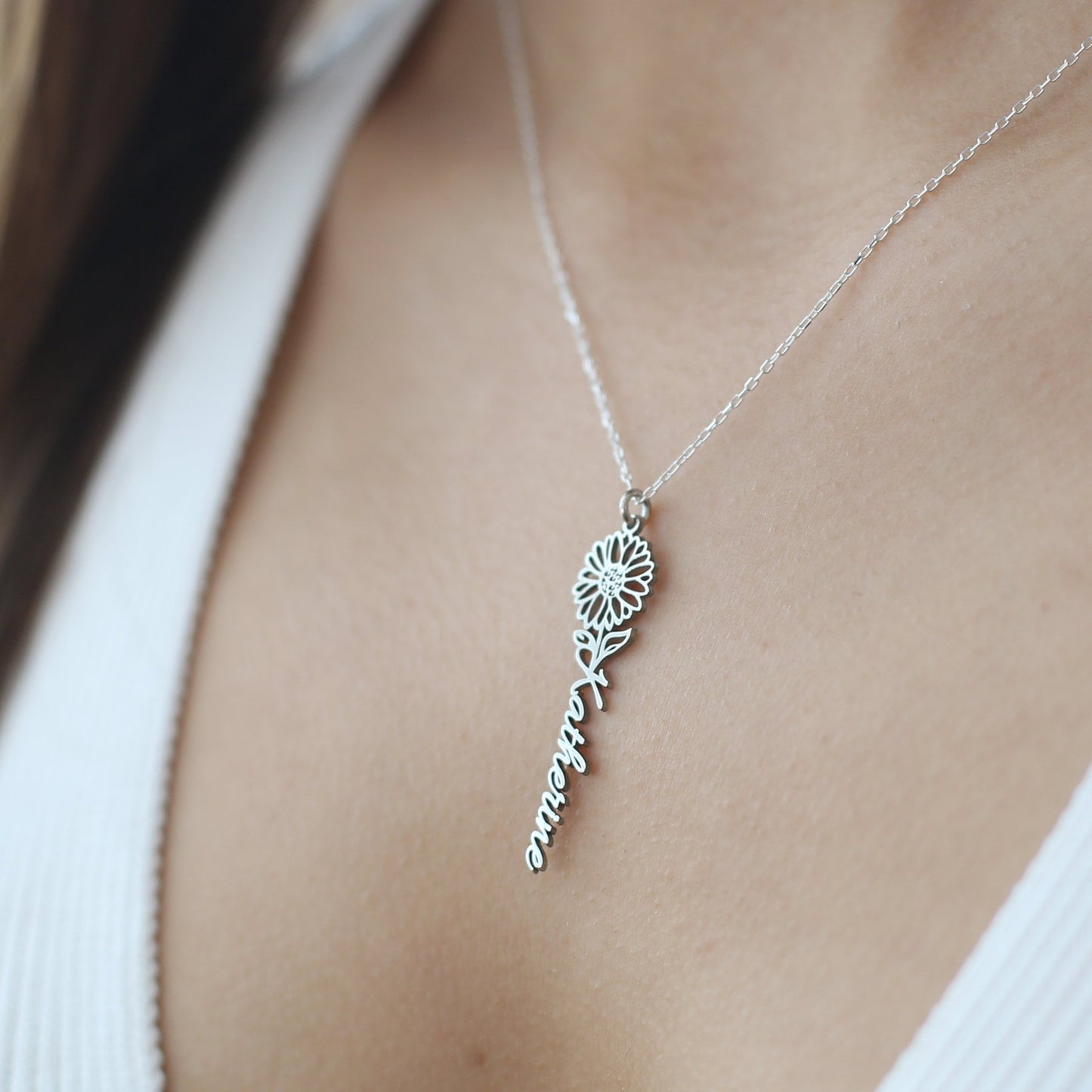 Dainty Name Necklace with Birth Flower , Personalised Name Necklace 925 Sterling Silver , Custom Name Jewellery , Birthday Gift for Her