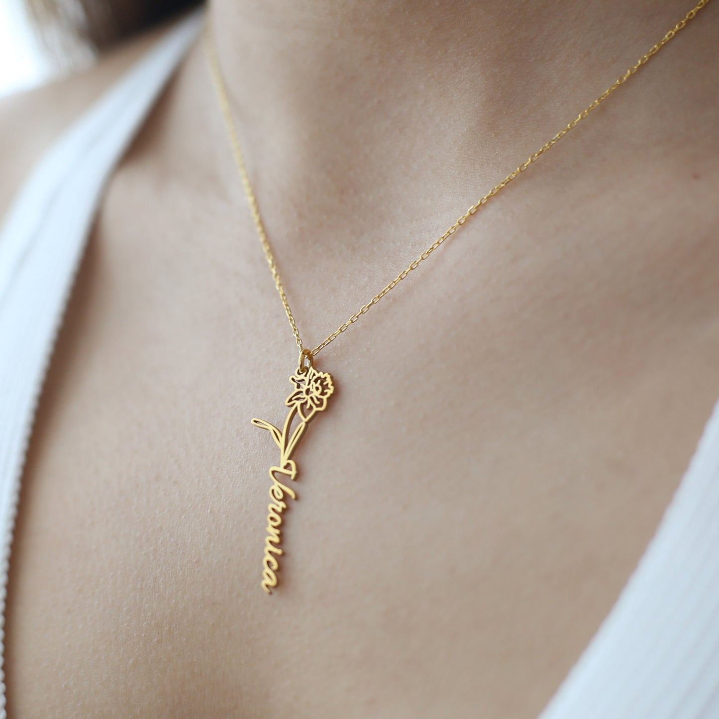 Dainty Name Necklace with Birth Flower , Personalised Name Necklace 925 Sterling Silver , Custom Name Jewellery , Birthday Gift for Her