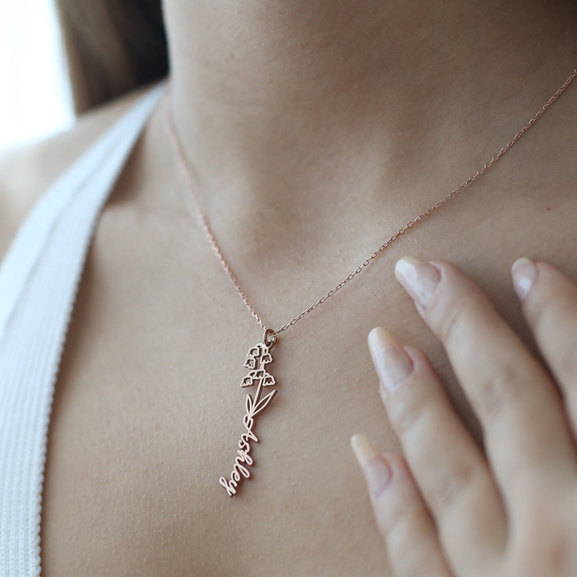 Dainty Birth Flower Name Necklace - Personalized Name Necklace 925 Sterling Silver - Custom Name Jewellery - Birthday Gift for Her