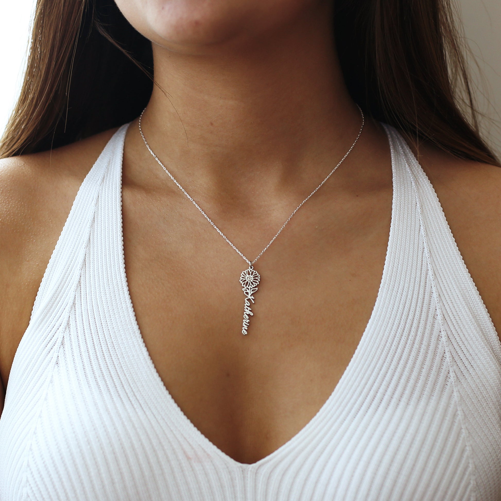 Dainty Name Necklace with Birth Flower - Personalized Name Necklace 925 Sterling Silver - Custom Name Jewellery - Birthday Gift for Her