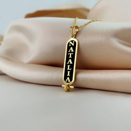14K Gold Personalized Name Necklace, Custom Vertical Name Necklace, Engraved Name Necklace, Cartouche Bar Name Necklace, Gift for Mom