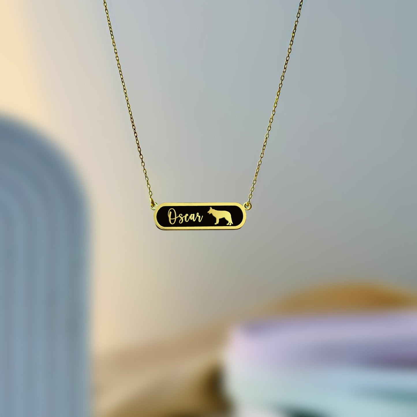 Dog Name Necklace, Custom Dog Bar Name Necklace, Bar Name Necklace, Pet Cartouche Necklace, Engraved Name Necklace, Dog Silhouette Necklace