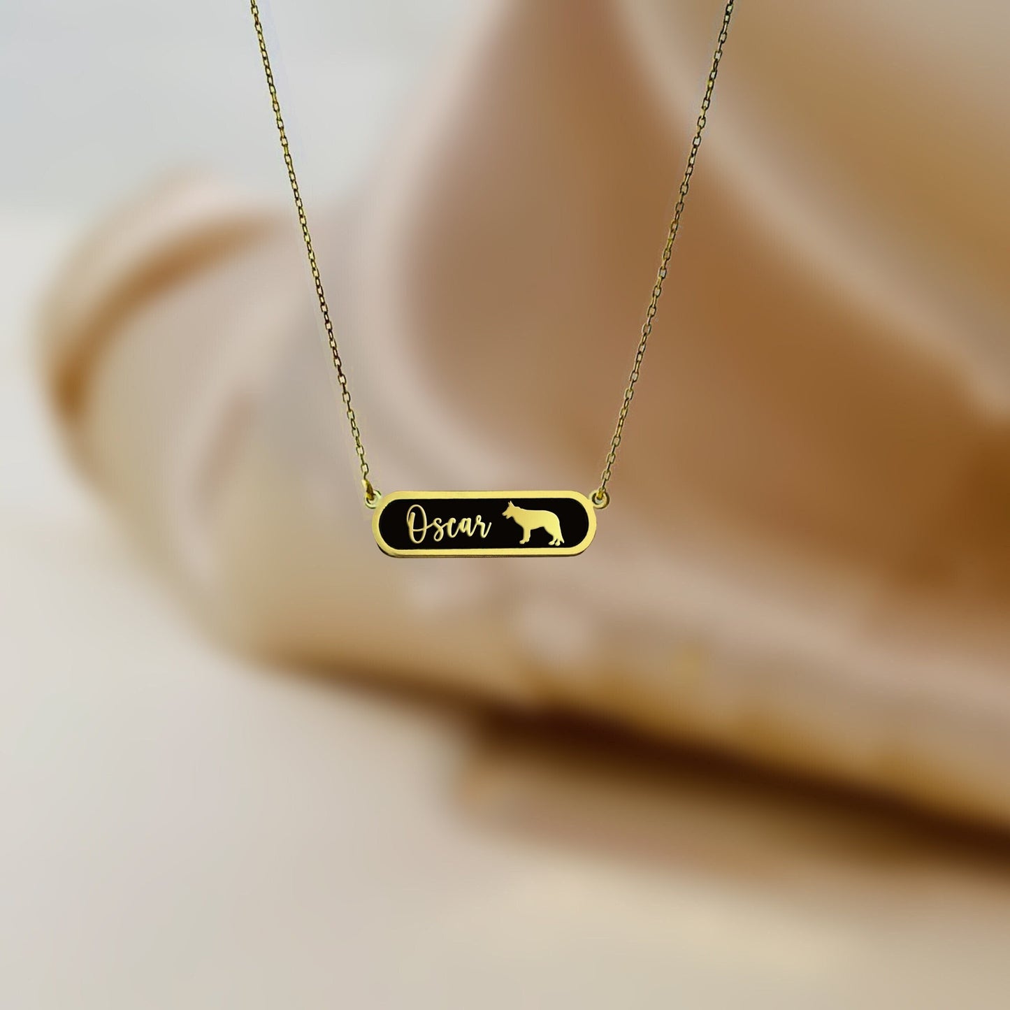 Dog Name Necklace, Custom Dog Bar Name Necklace, Bar Name Necklace, Pet Cartouche Necklace, Engraved Name Necklace, Dog Silhouette Necklace