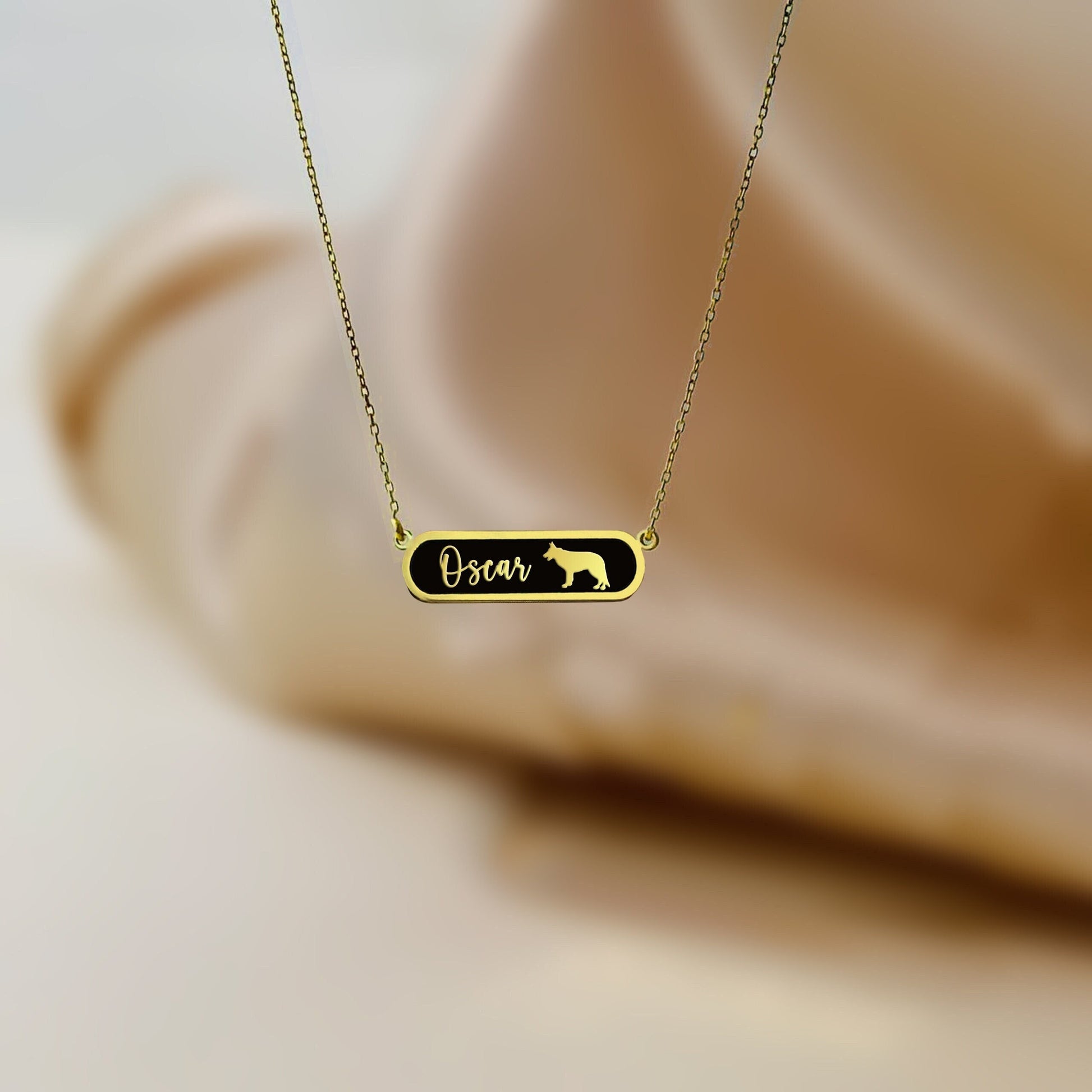 Dog Name Necklace, Custom Dog Bar Name Necklace, Bar Name Necklace, Pet Cartouche Necklace, Engraved Name Necklace, Dog Silhouette Necklace