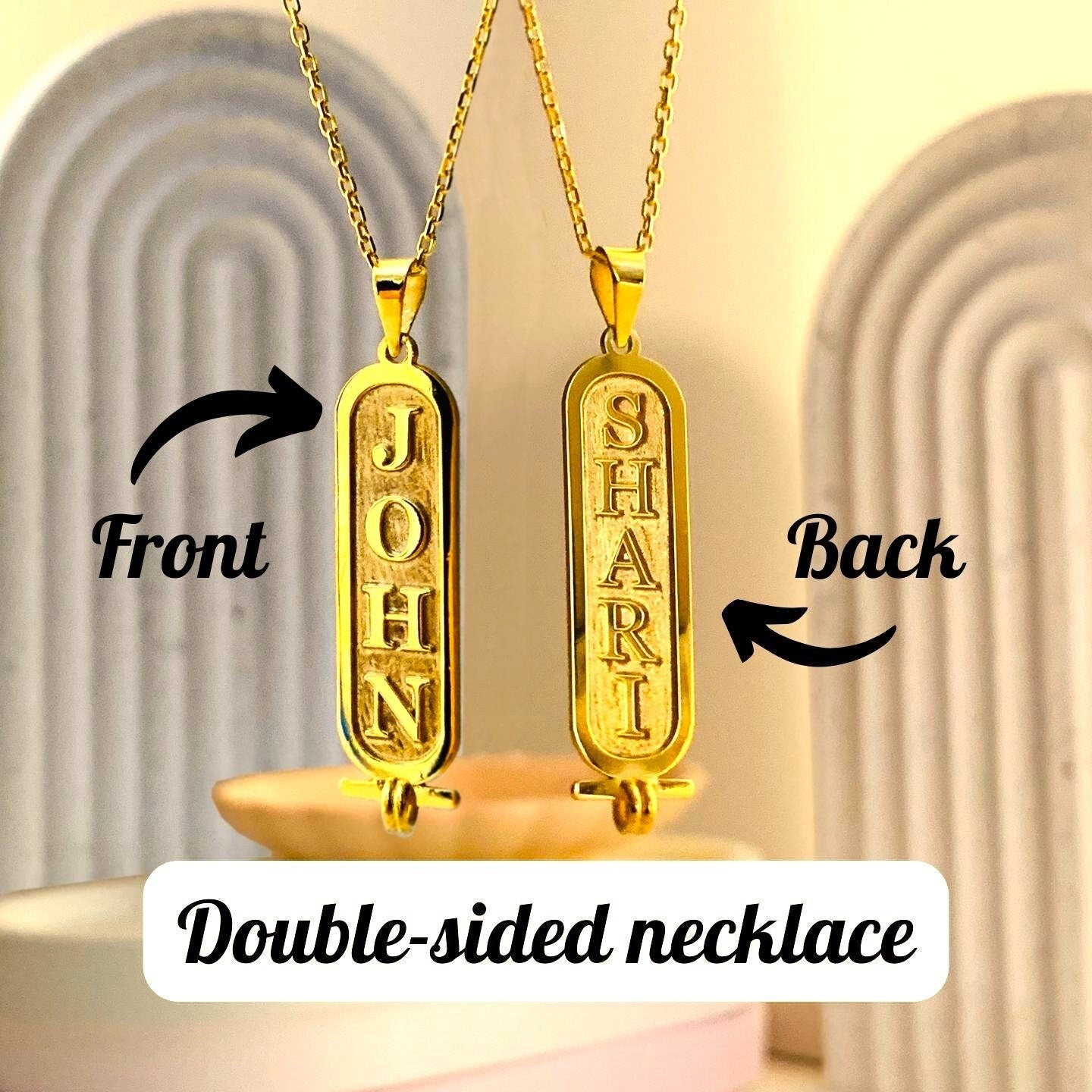 Custom Double - Sided Name Necklace, Double Sided Name Necklace for Couples, Name Necklace for Best Friends, Cartouche Bar Name Necklace