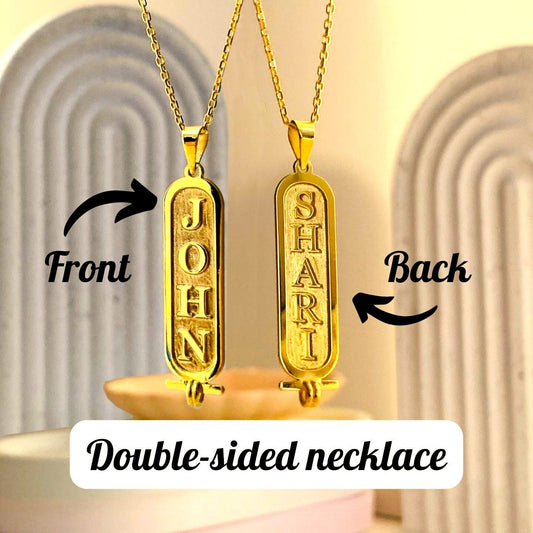Custom Double - Sided Name Necklace, Double Sided Name Necklace for Couples, Name Necklace for Best Friends, Cartouche Bar Name Necklace