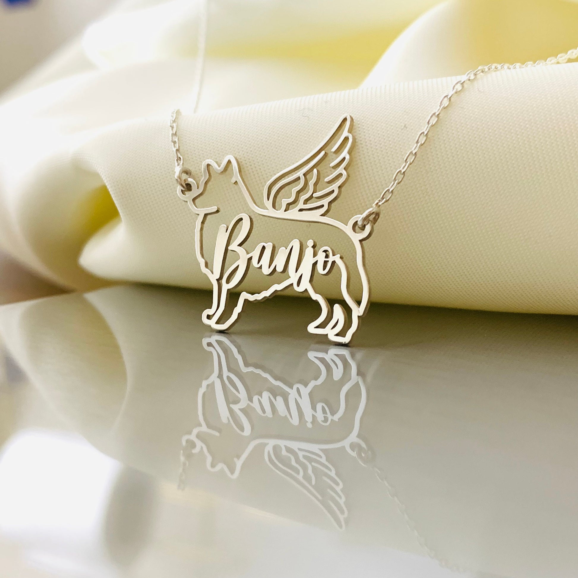 Dog necklace, Dog memorial name necklace, Dog memorial necklace, Dog breed silhouette necklace, Dog necklace with angel wings, Dog mom gifts