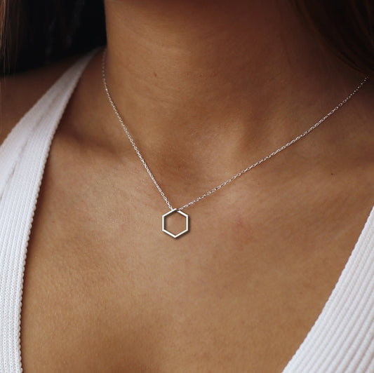 Dainty Hexagon Pendant, Simple Silver Hexagon Necklace, Honeycomb Necklace, Geometric Necklace, Layered Necklace, 14K Gold Hexagon Necklace