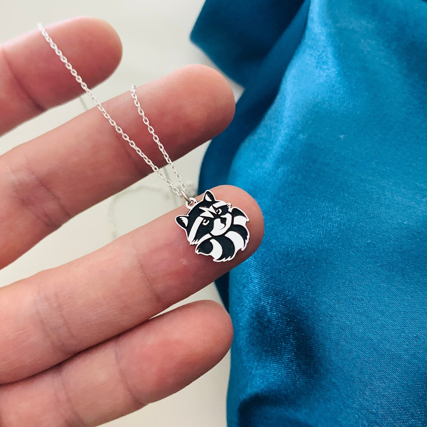Sterling Silver Raccoon Necklace, Raccoon Charm Necklace, Engraved Raccoon Necklace, Animal Jewelry, Dainty Necklace, Gift for Her