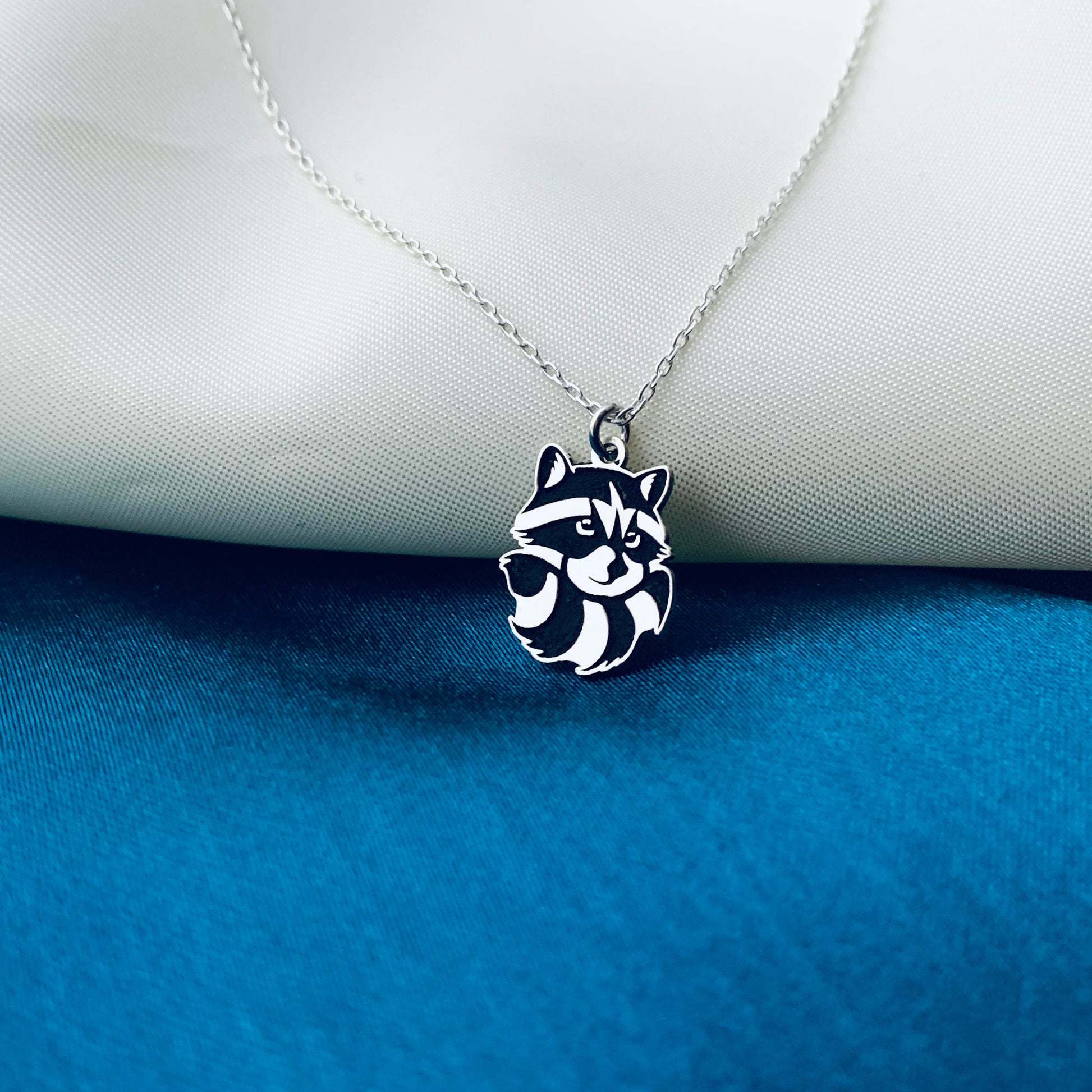 Sterling Silver Raccoon Necklace, Raccoon Charm Necklace, Engraved Raccoon Necklace, Animal Jewelry, Dainty Necklace, Gift for Her