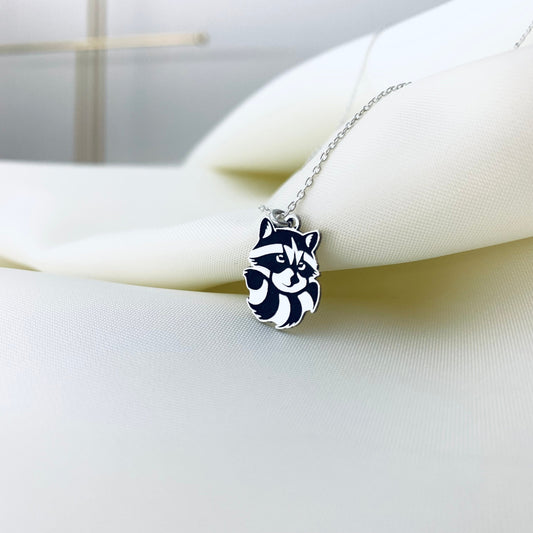 Sterling Silver Raccoon Necklace, Raccoon Charm Necklace, Engraved Raccoon Necklace, Animal Jewelry, Dainty Necklace, Gift for Her