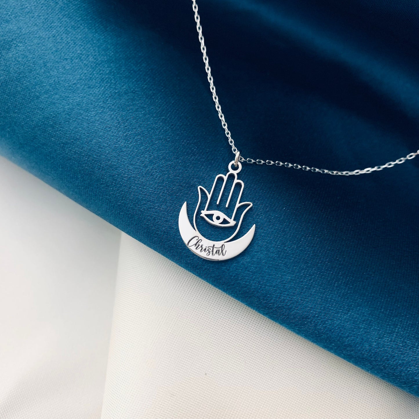 Hamsa Necklace, Tiny Mini Hamsa Necklace, Hamsa Necklace with Name, Crescent Necklace, Crescent Name Necklace