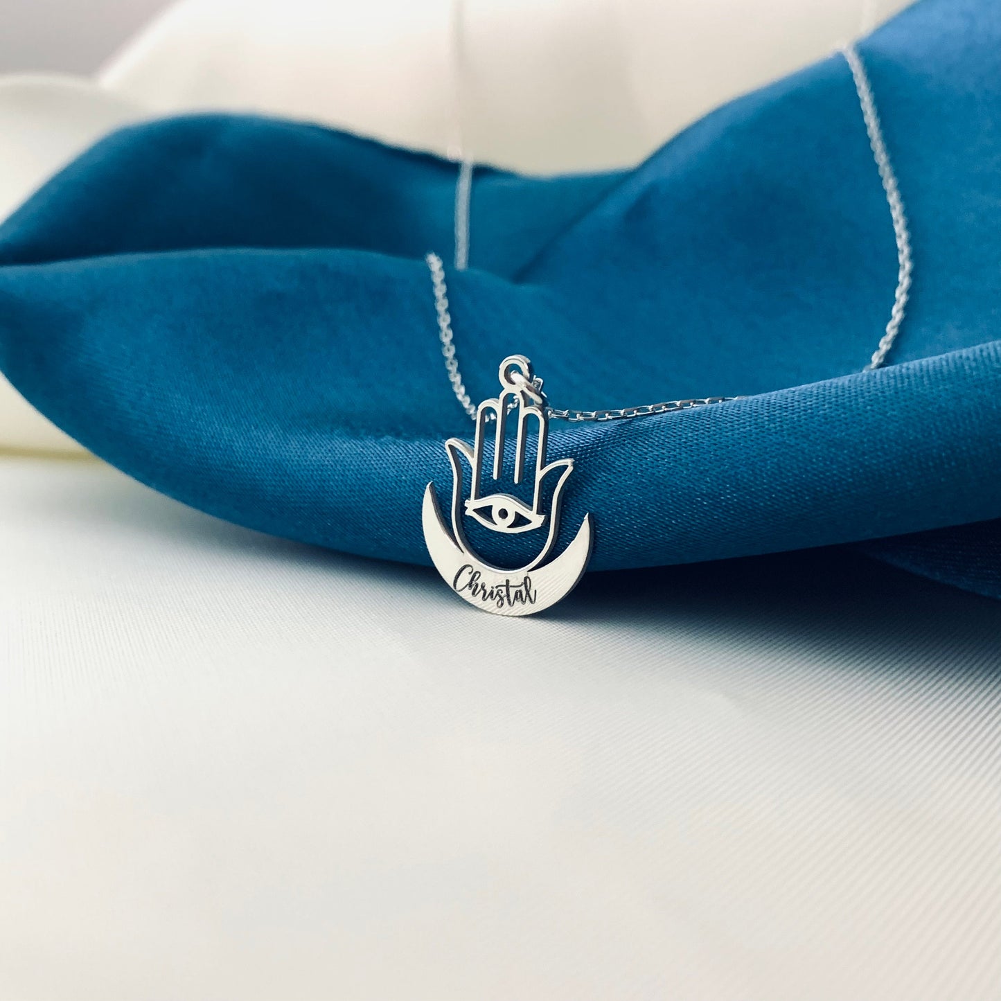 Custom Hamsa Hand Necklace, Crescent Moon, Personalized Name, Sterling Silver