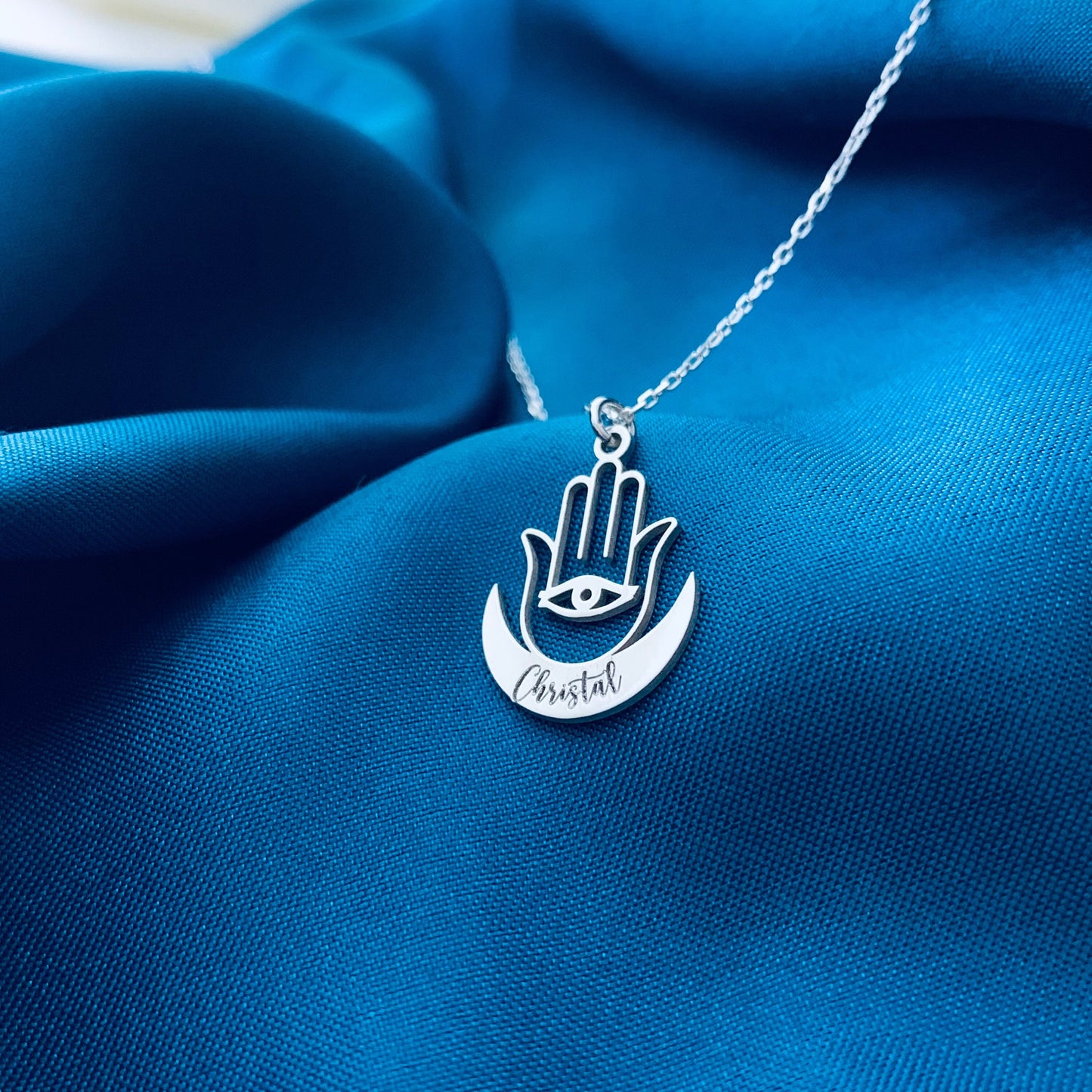 Custom Hamsa Hand Necklace, Crescent Moon, Personalized Name, Sterling Silver