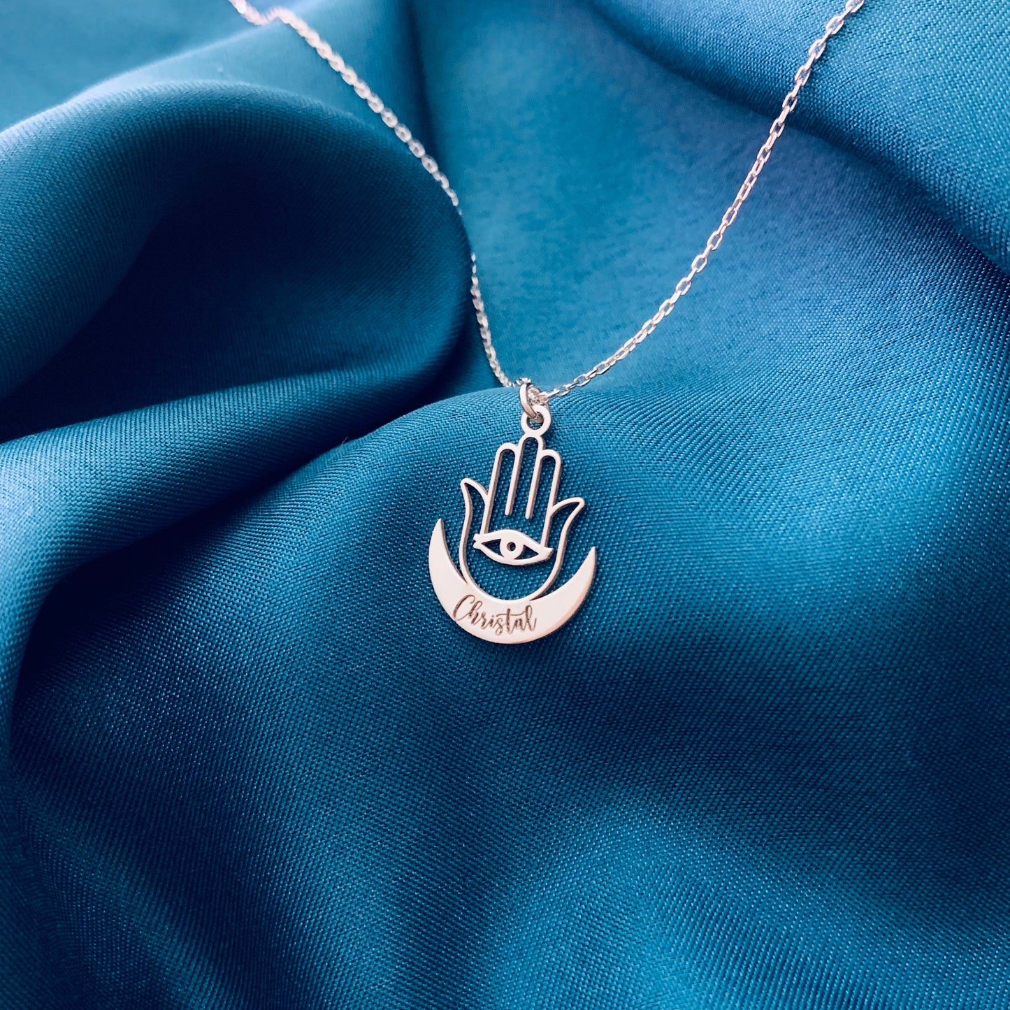 Custom Hamsa Necklace, Silver Hamsa Necklace, Gold Hamsa Necklace, Hamsa Necklace with Name, Crescent Moon Necklace, Crescent Name Necklace