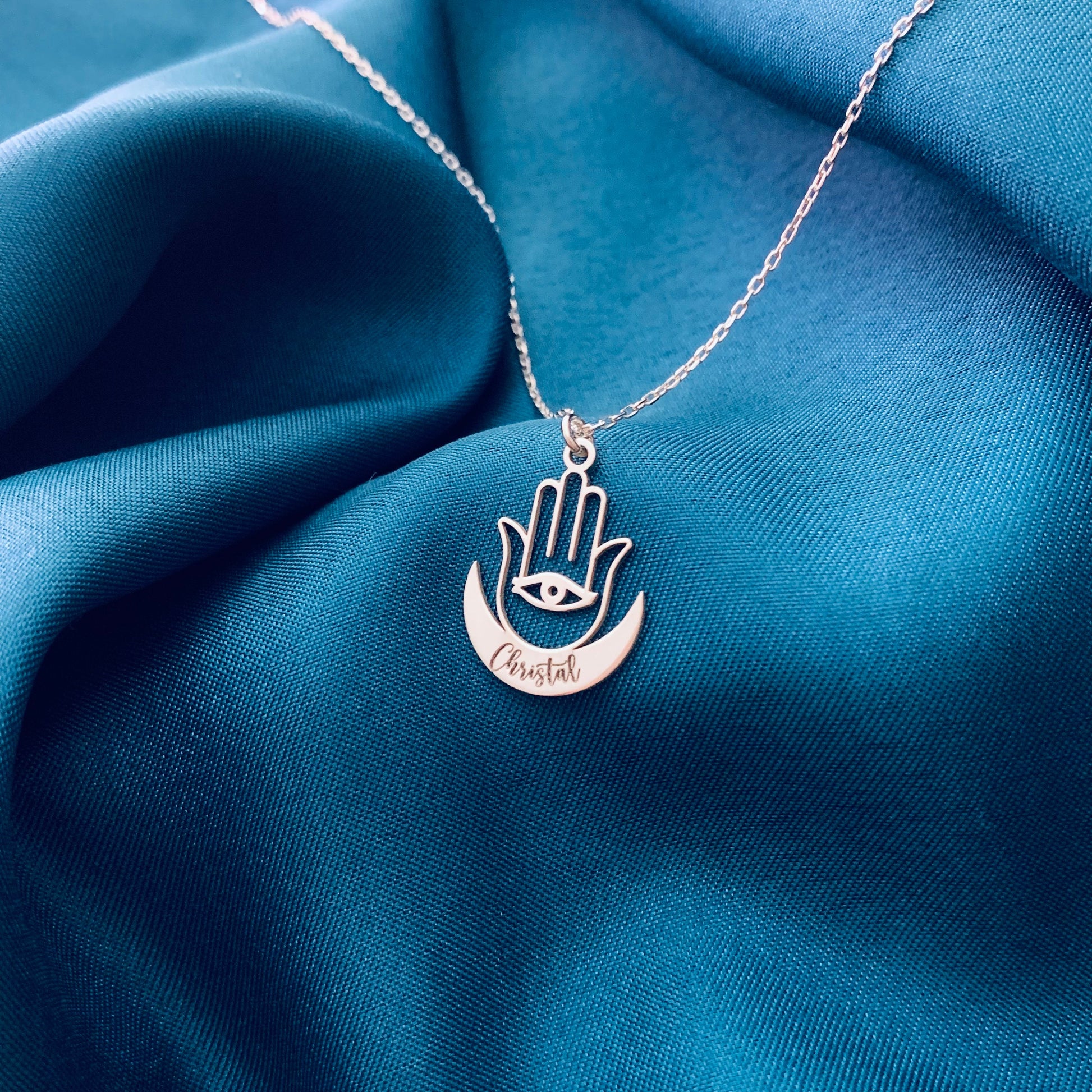 Custom Hamsa Necklace, Silver Hamsa Necklace, Gold Hamsa Necklace, Hamsa Necklace with Name, Crescent Moon Necklace, Crescent Name Necklace