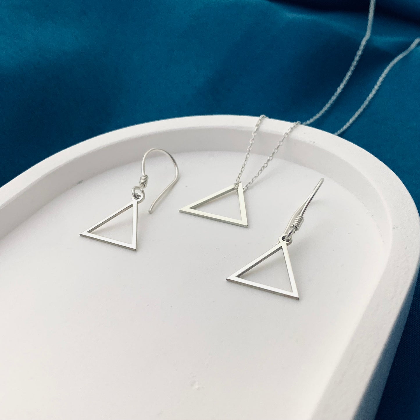 Triangle Necklace, Triangle Earrings, Sterling Silver Triangle Jewelry, Triangle Necklace and Earrings Jewelry Set, Dangle Triangle Earrings