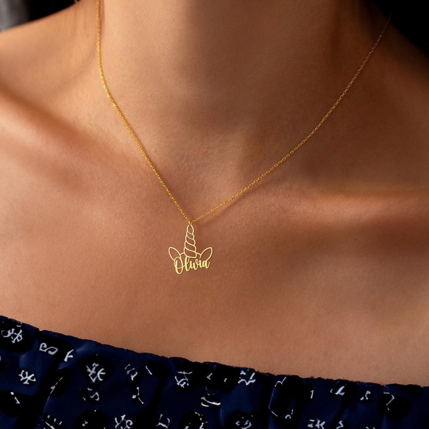Unicorn Name Necklace, Gold Personalized Name Unicorn Pendant - Custom Unicorn Jewelry, Fun Name Necklace - Sterling Silver Unicorn Charm