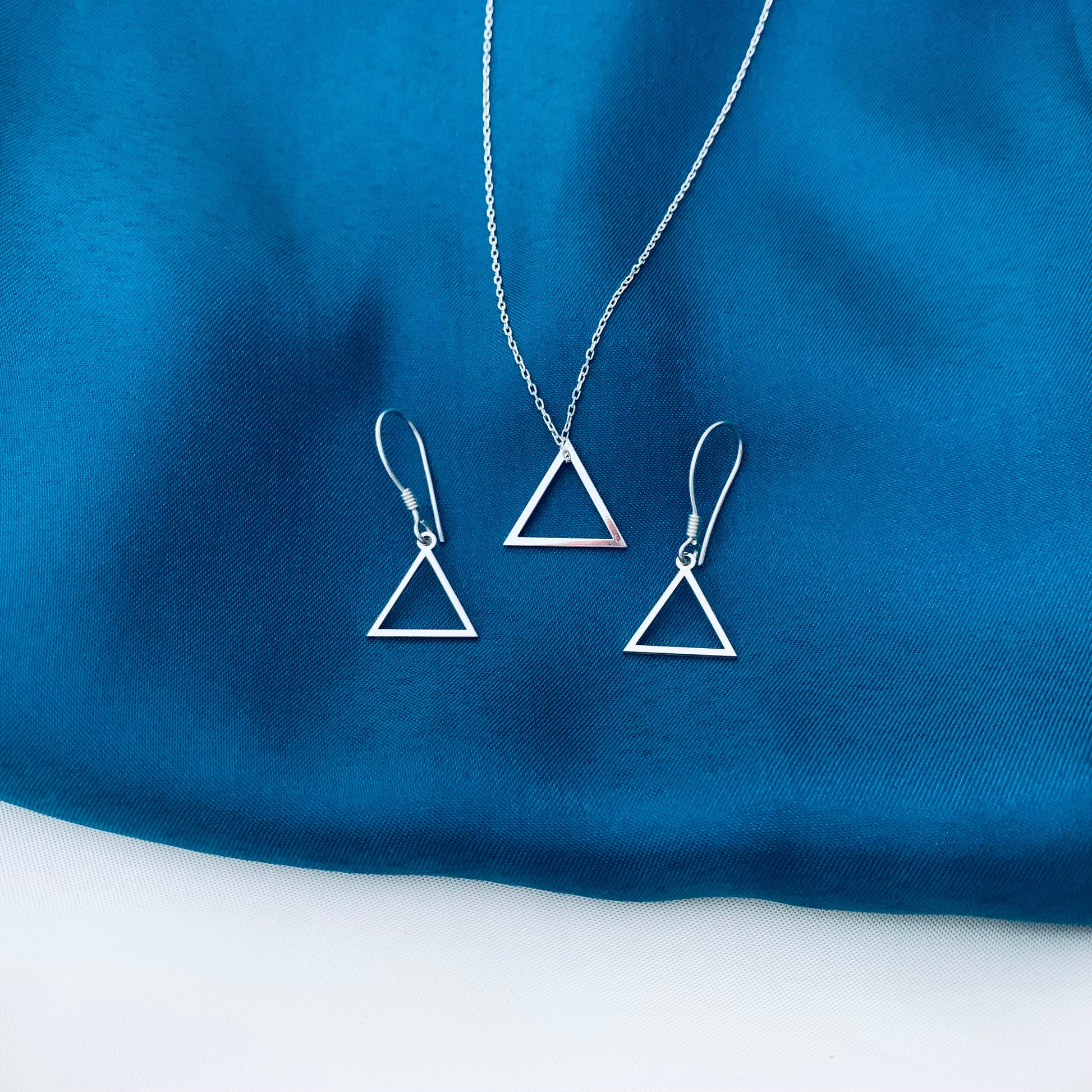 Triangle Necklace, Triangle Earrings, Sterling Silver Triangle Jewelry, Triangle Necklace and Earrings Jewelry Set, Dangle Triangle Earrings