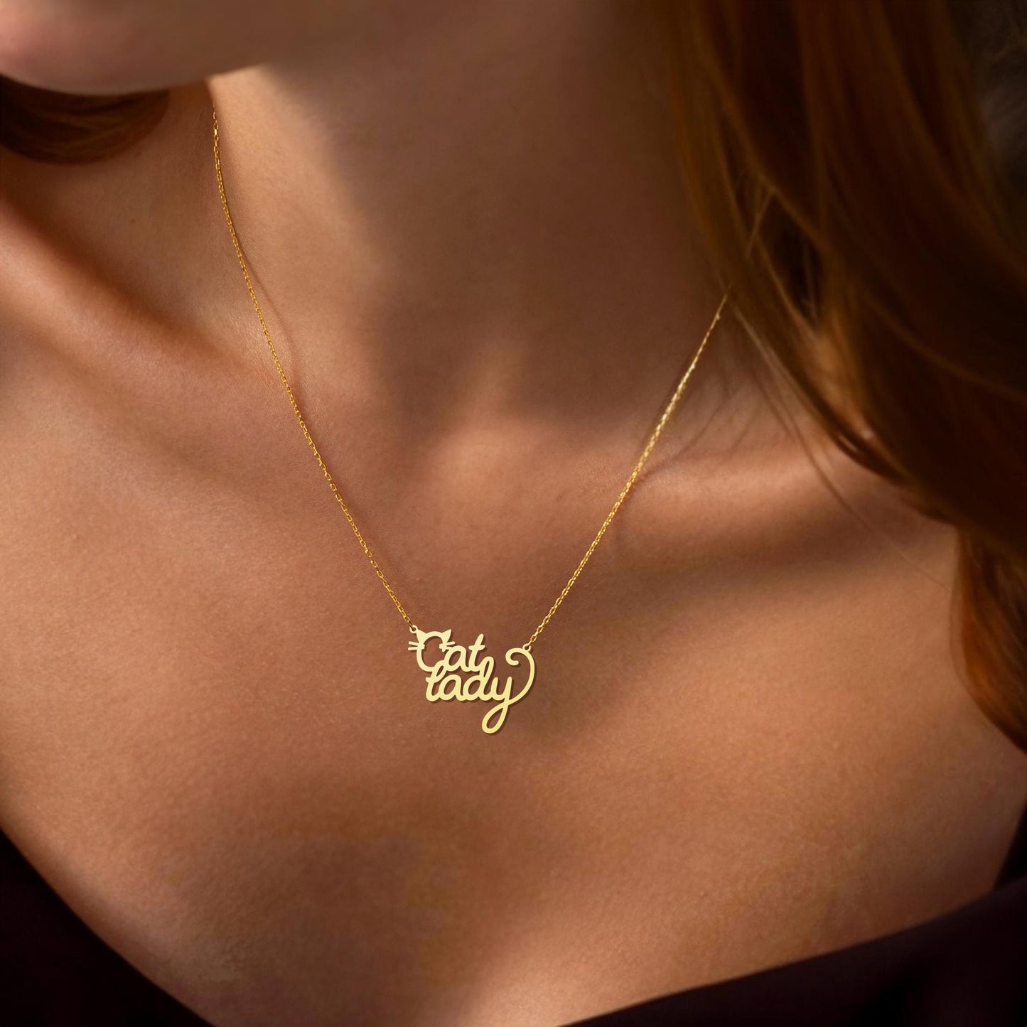 18K Gold Cat Lady Necklace, Funny Cat Lover Jewelry, Kitty Charm Necklace, Silver Cat Lady Pendant, Pet Lover Gift, Gift for Cat Mom