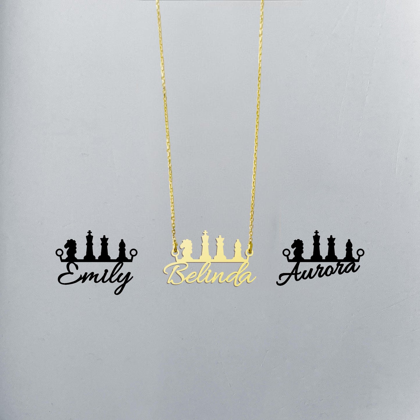 Personalized Name Necklace with Chess Pieces, 18K Gold Plated Nameplate, Custom Gift for Her, Unique Hobby Jewelry, Silver Chess Pendant