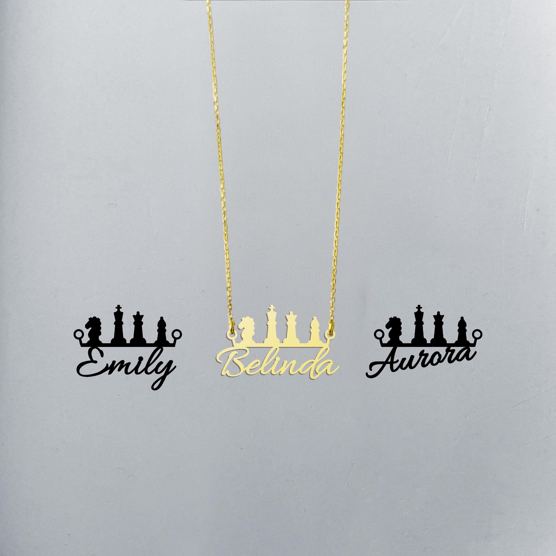 Personalized Name Necklace with Chess Pieces, 18K Gold Plated Nameplate, Custom Gift for Her, Unique Hobby Jewelry, Silver Chess Pendant