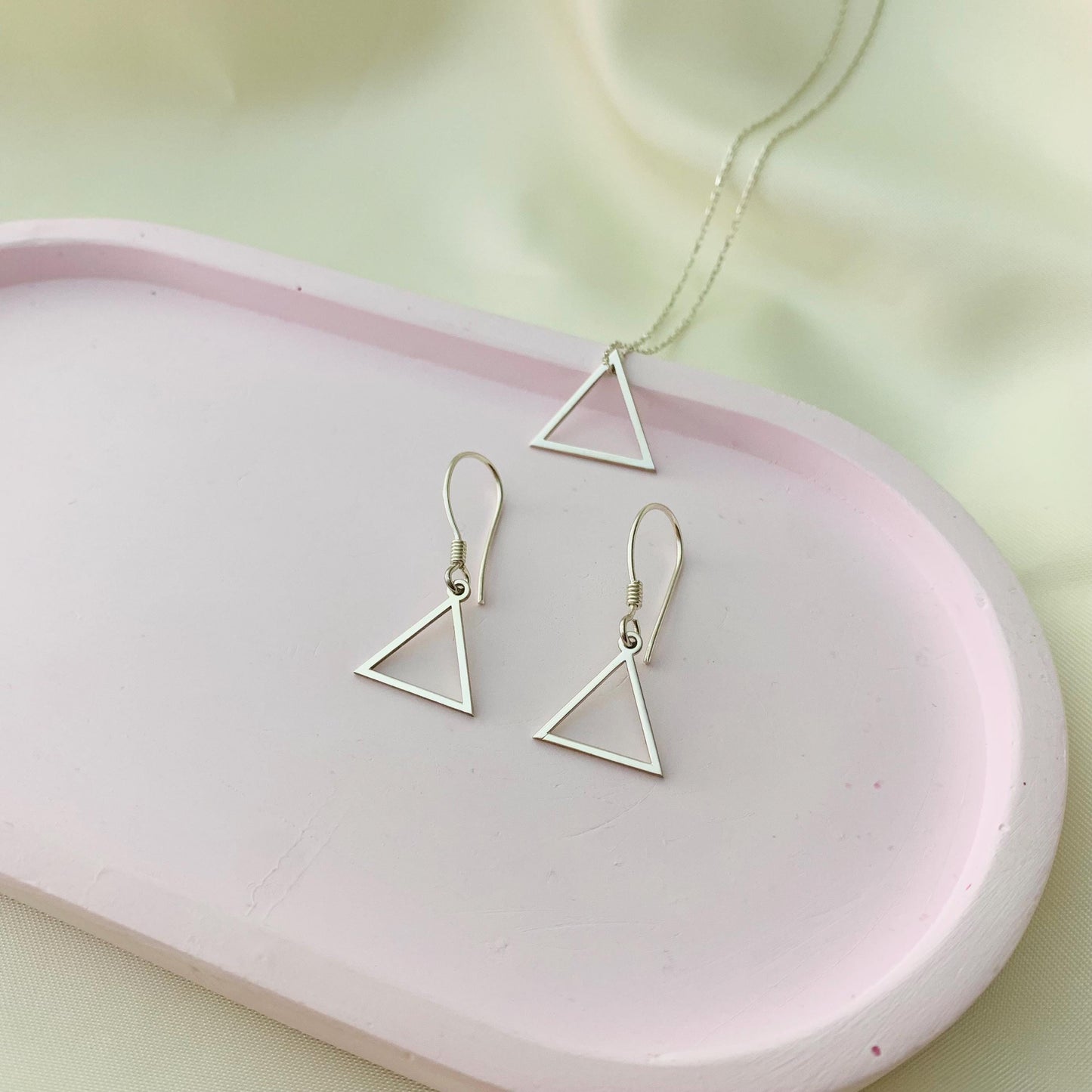 Triangle Necklace, Triangle Earrings, Sterling Silver Triangle Jewelry, Triangle Necklace and Earrings Jewelry Set, Dangle Triangle Earrings