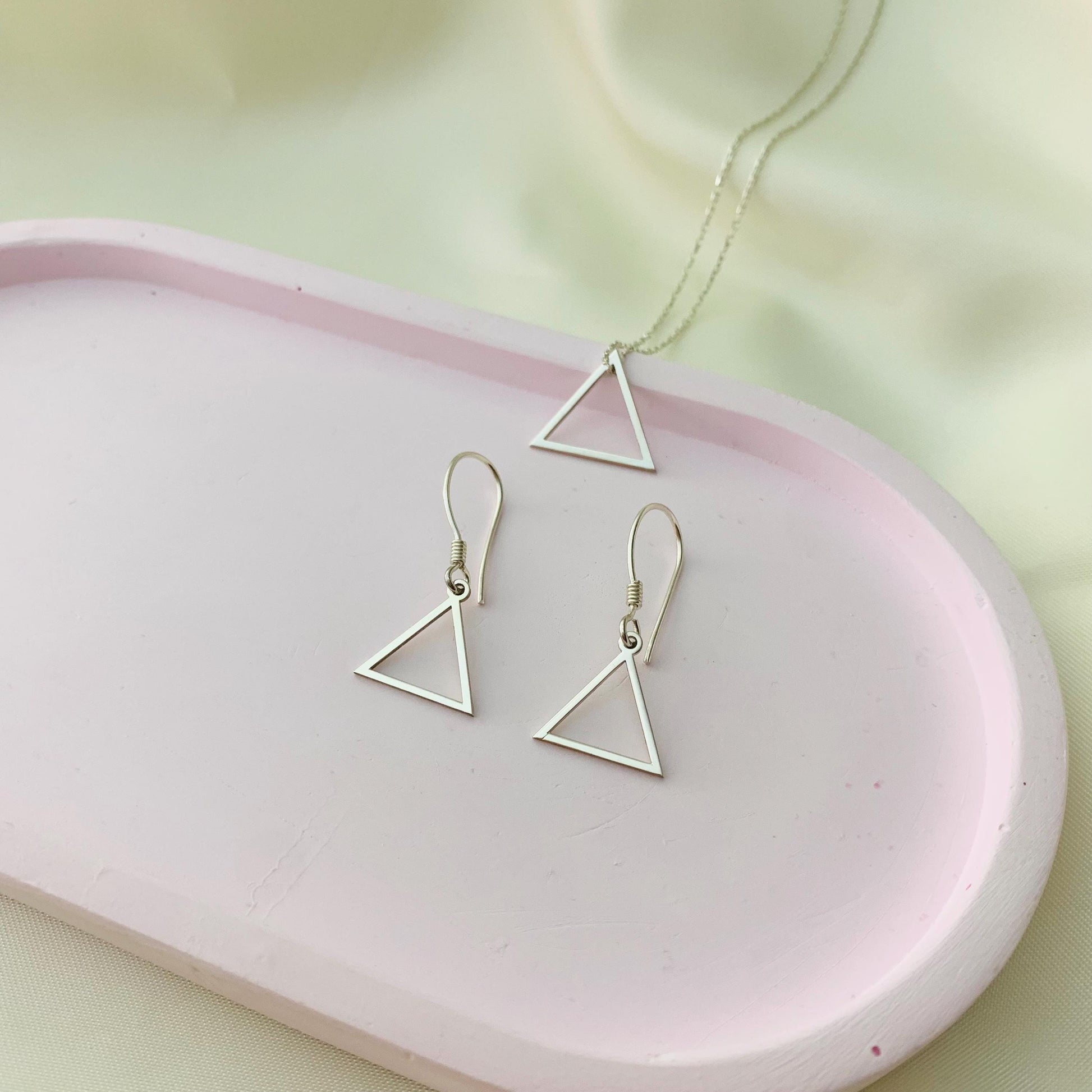 Triangle Necklace, Triangle Earrings, Sterling Silver Triangle Jewelry, Triangle Necklace and Earrings Jewelry Set, Dangle Triangle Earrings