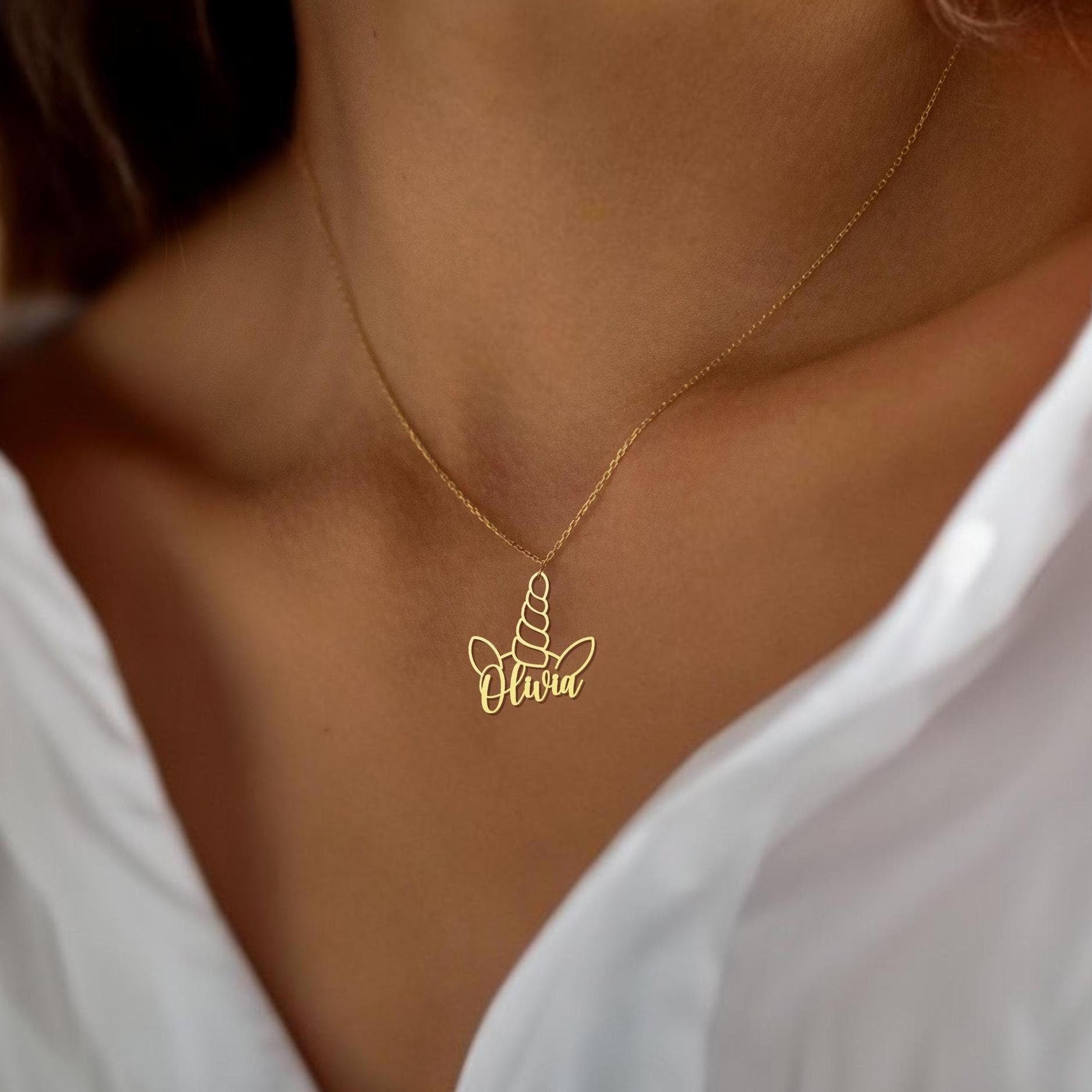 Unicorn Name Necklace, Gold Personalized Name Unicorn Pendant - Custom Unicorn Jewelry, Fun Name Necklace - Sterling Silver Unicorn Charm
