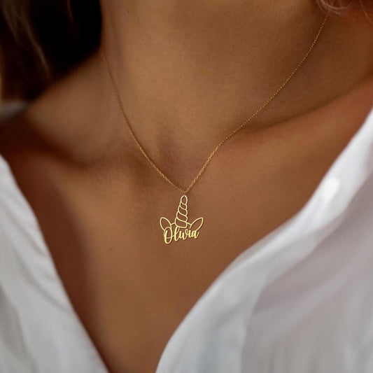 Unicorn Name Necklace, Gold Personalized Name Unicorn Pendant - Custom Unicorn Jewelry, Fun Name Necklace - Sterling Silver Unicorn Charm