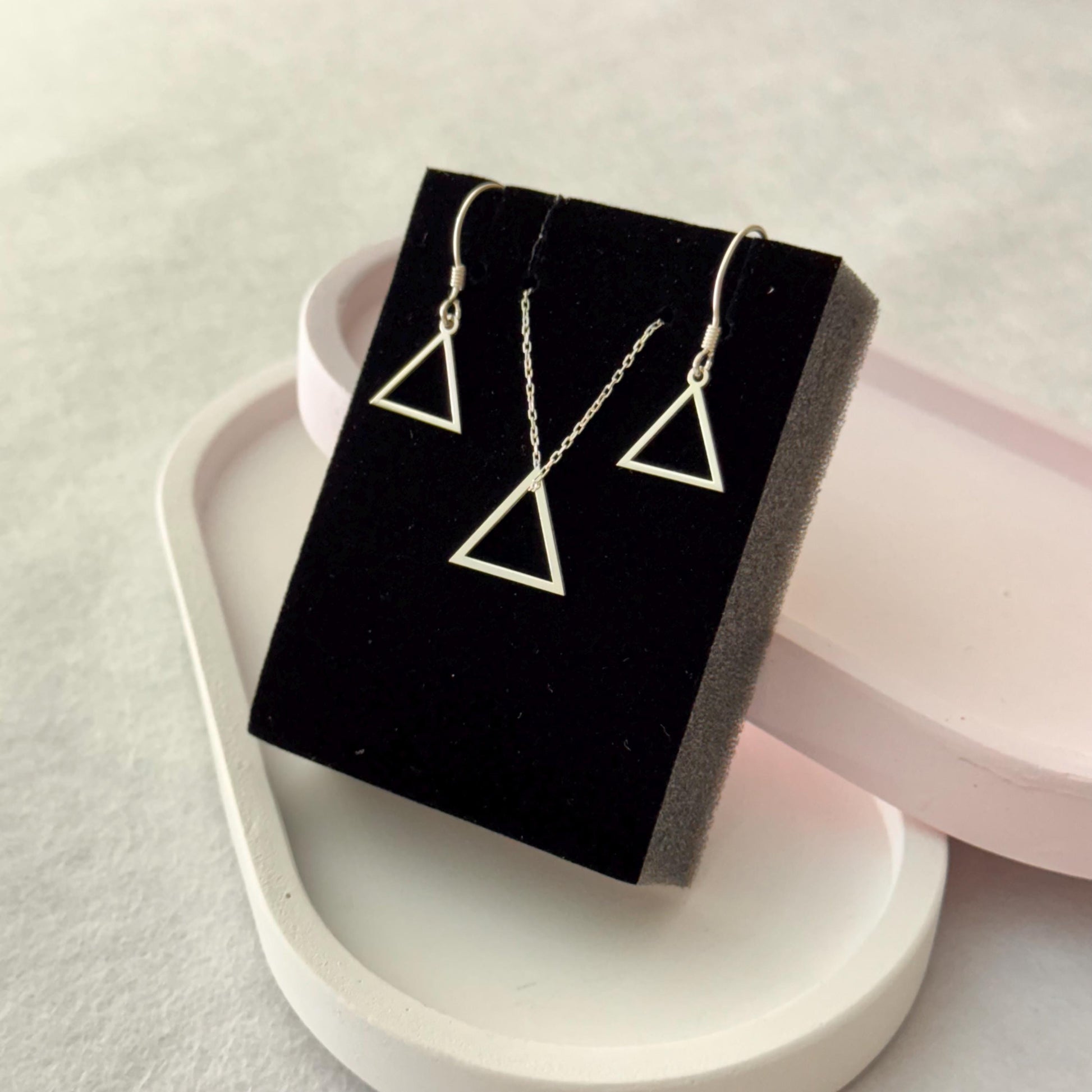 Triangle Necklace, Triangle Earrings, Sterling Silver Triangle Jewelry, Triangle Necklace and Earrings Jewelry Set, Dangle Triangle Earrings