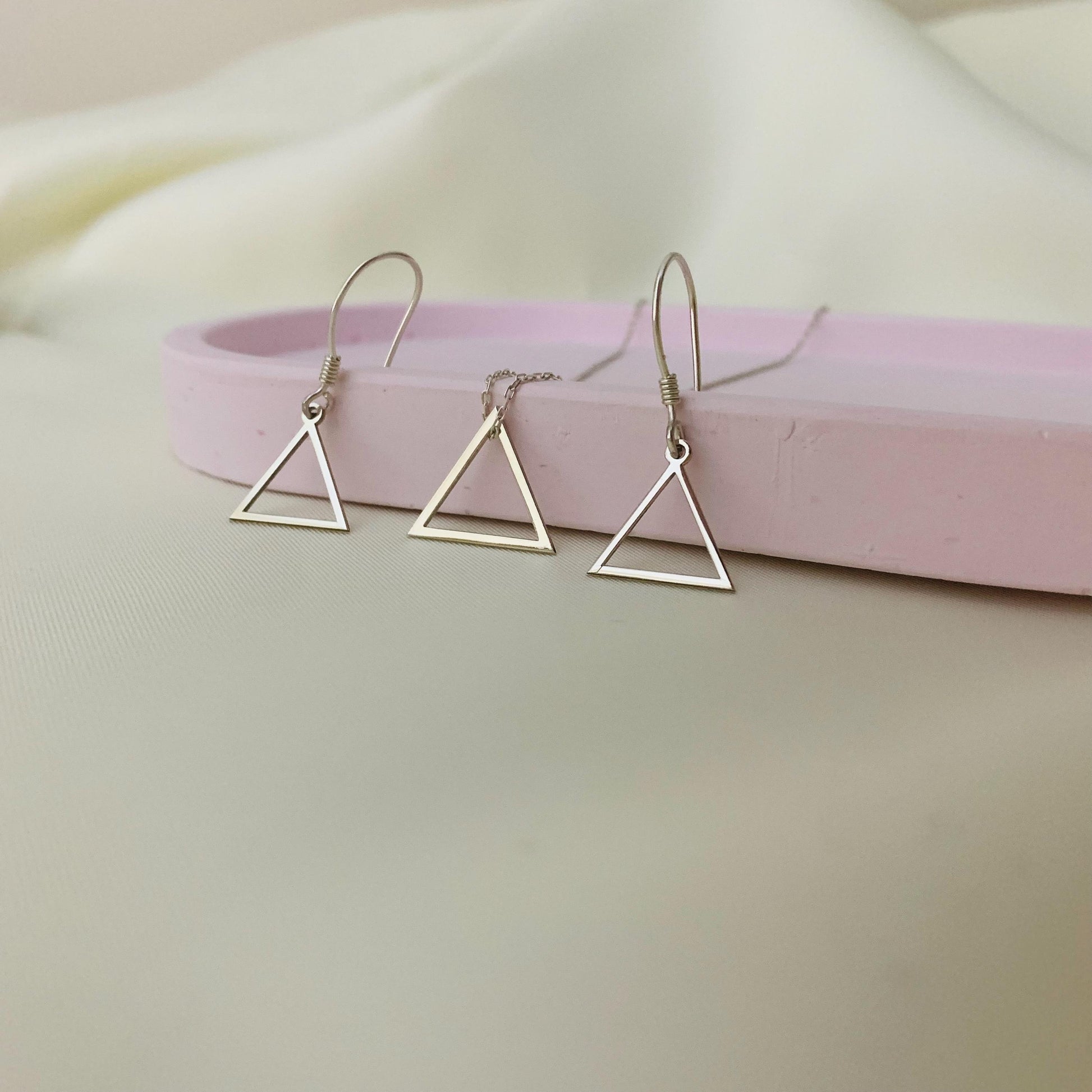Triangle Necklace, Triangle Earrings, Sterling Silver Triangle Jewelry, Triangle Necklace and Earrings Jewelry Set, Dangle Triangle Earrings