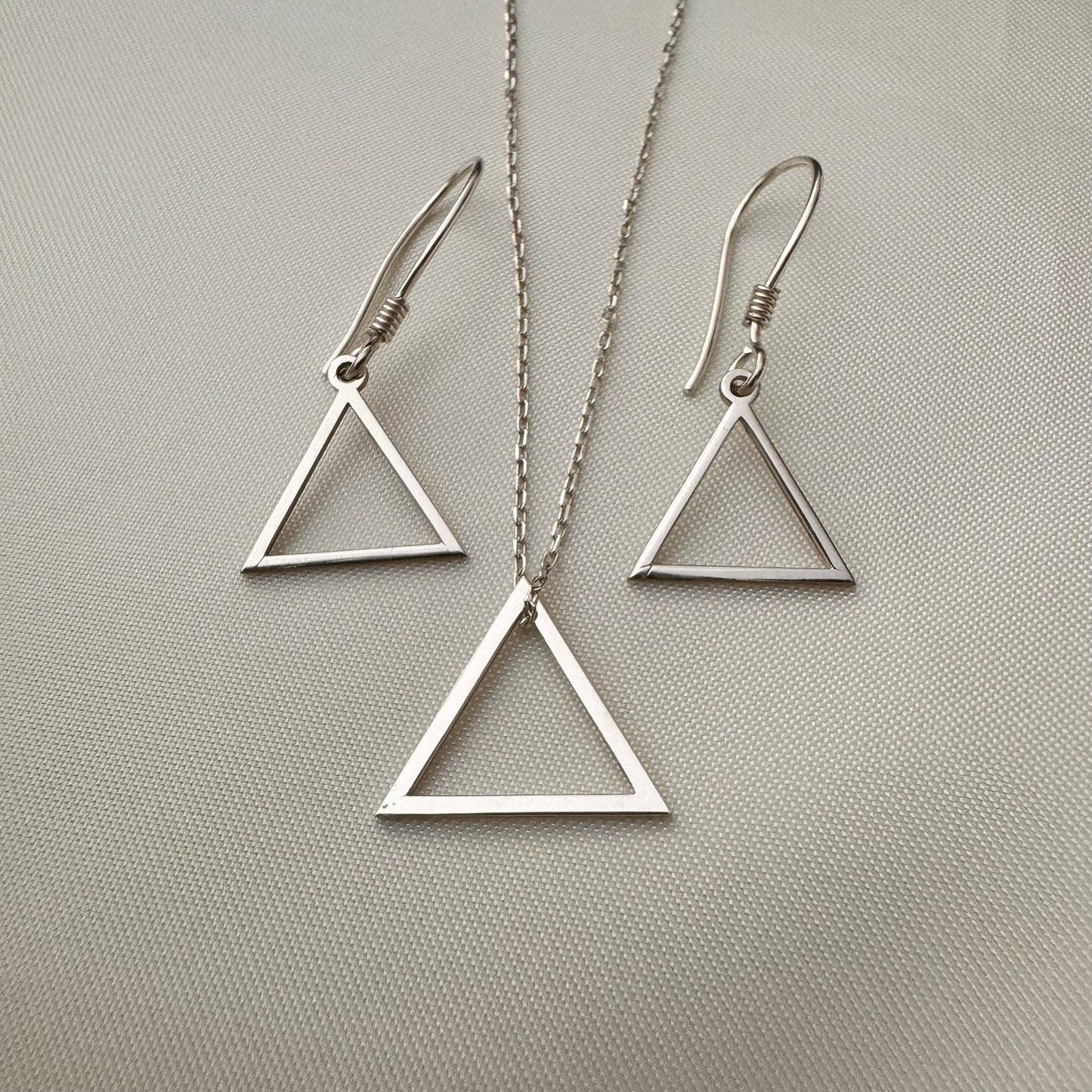 Triangle Necklace, Triangle Earrings, Sterling Silver Triangle Jewelry, Triangle Necklace and Earrings Jewelry Set, Dangle Triangle Earrings