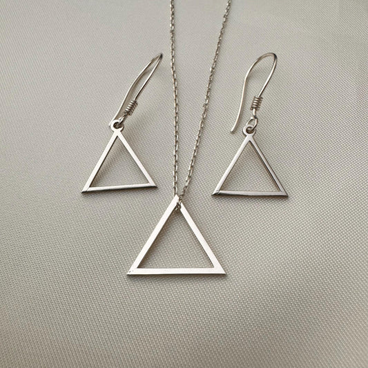 Triangle Necklace, Triangle Earrings, Sterling Silver Triangle Jewelry, Triangle Necklace and Earrings Jewelry Set, Dangle Triangle Earrings