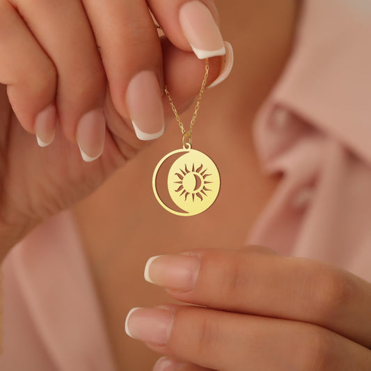 Sun and Moon Necklace, Sunburst Necklace, Crescent Moon Necklace, Gold Sun Necklace, Sterling Silver Sun Pendant, Sun Charm, Golden Sun