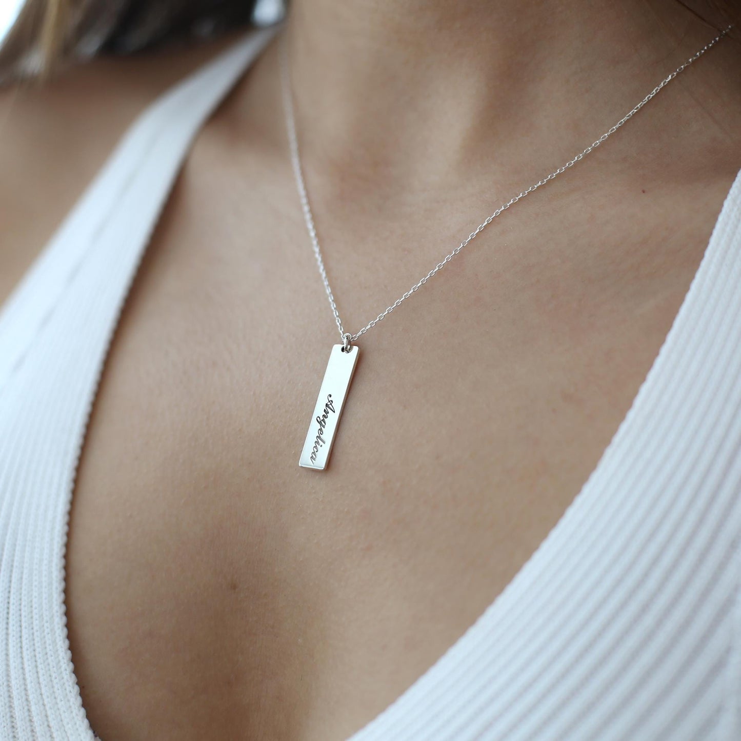 Personalized Name Necklace, Custom Engraved Bar Necklace - Sterling Silver Vertical Necklace - Minimalist Jewelry, Gift for Her