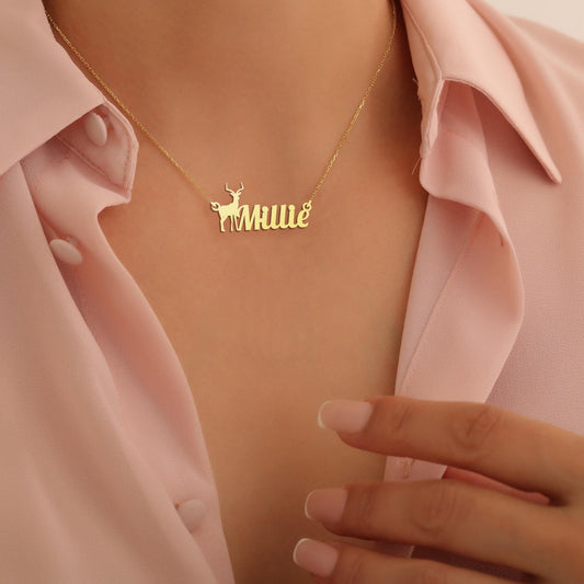 Personalized Deer Name Necklace, Sterling Silver Wildlife Pendant