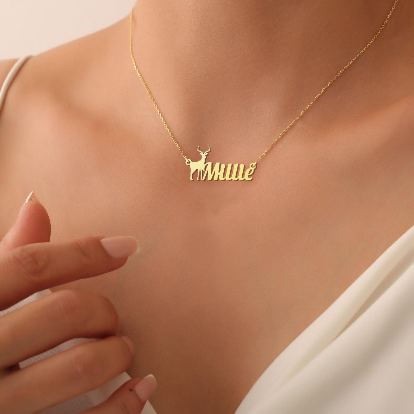 Personalized Deer Name Necklace, Sterling Silver Wildlife Pendant