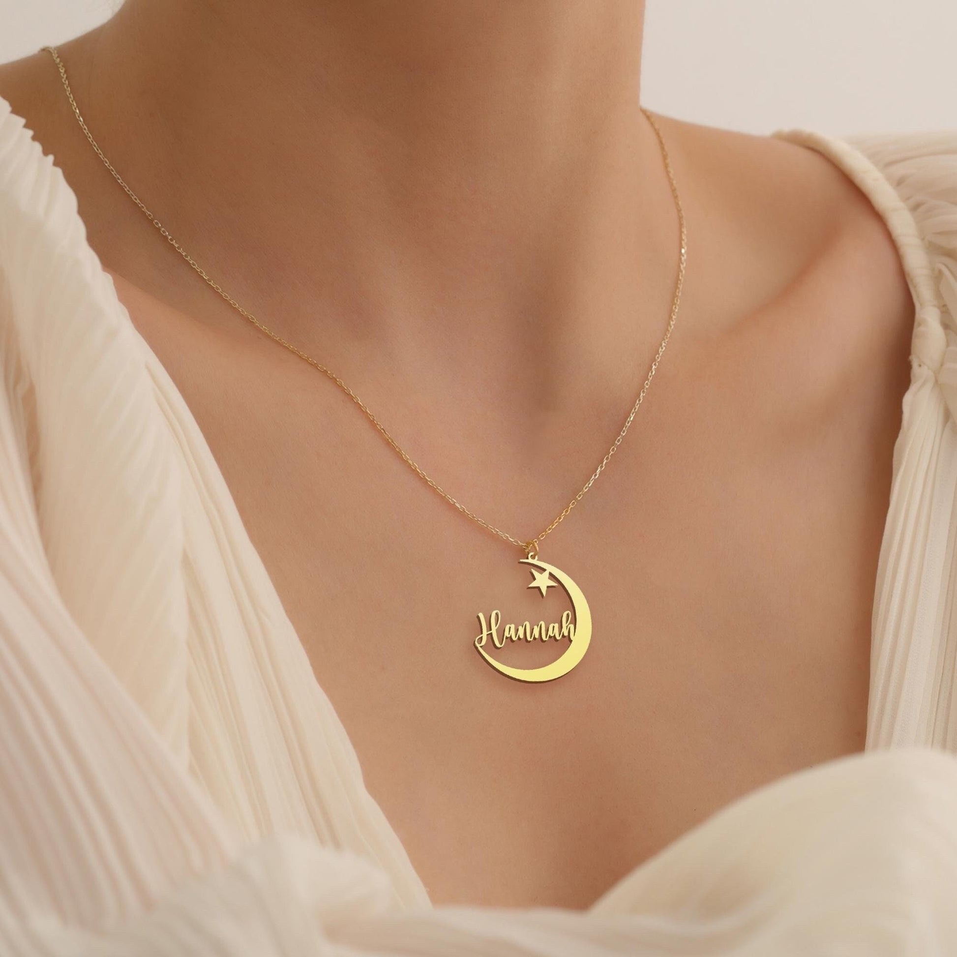 Moon Star Necklace, Personalized Moon Necklace, Custom Name Moon Necklace, Moon Choker Necklace, Wiccan jewelry, Pagan necklace