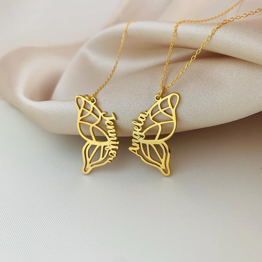 Personalized Butterfly Name Necklace, Dainty Gold Butterfly Necklace, Butterfly Wing Necklace, BFF Necklace, Friendship Necklace