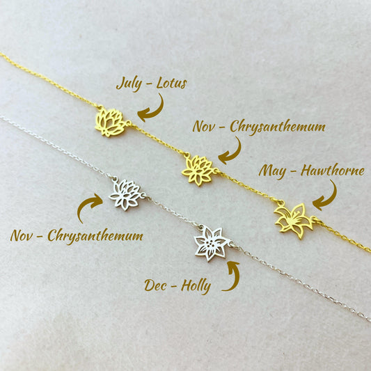 18K Gold Personalized Birth Flower Necklace, Multiple Family Birth Flower Necklace, Birth Month Flower Jewelry, Personalized Gift for Her