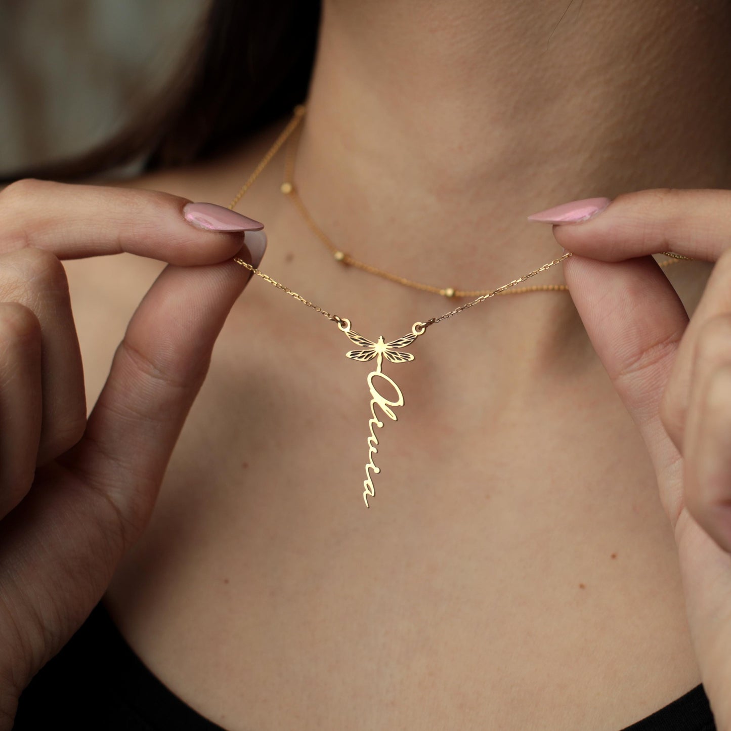 Custom Dragonfly Necklace with Name | 18K Gold Personalized Minimalist Dainty Dragonfly Necklace | Dainty Layered Necklace for Her