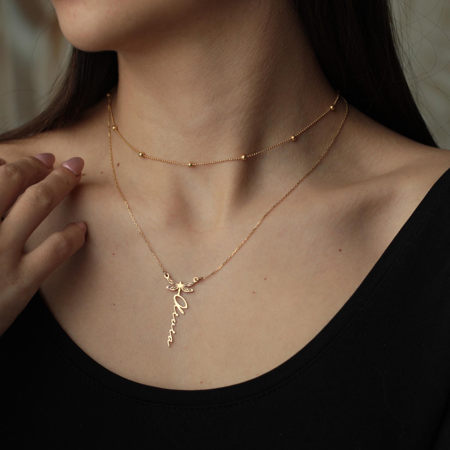 Custom Dragonfly Necklace with Name | 18K Gold Personalized Minimalist Dainty Dragonfly Necklace | Dainty Layered Necklace for Her