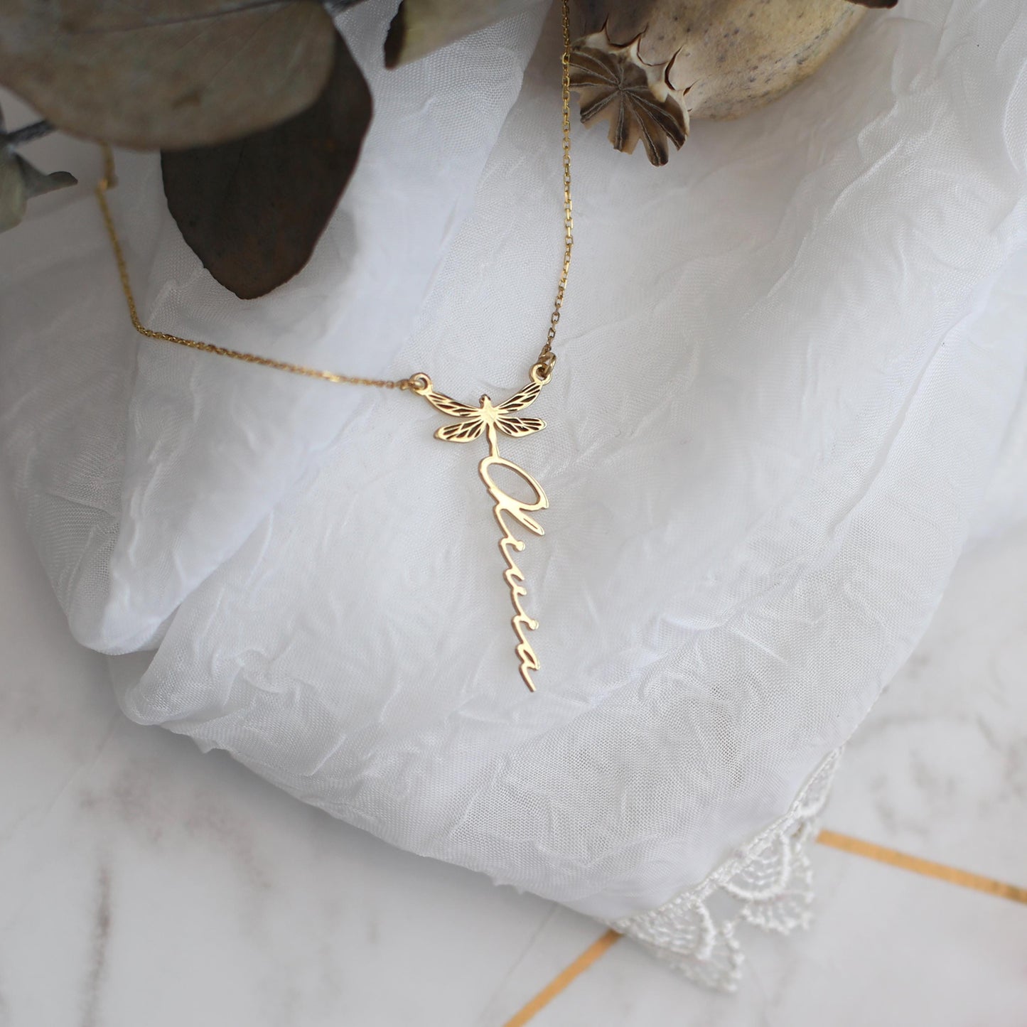 Custom Dragonfly Necklace with Name | 18K Gold Personalized Minimalist Dainty Dragonfly Necklace | Dainty Layered Necklace for Her