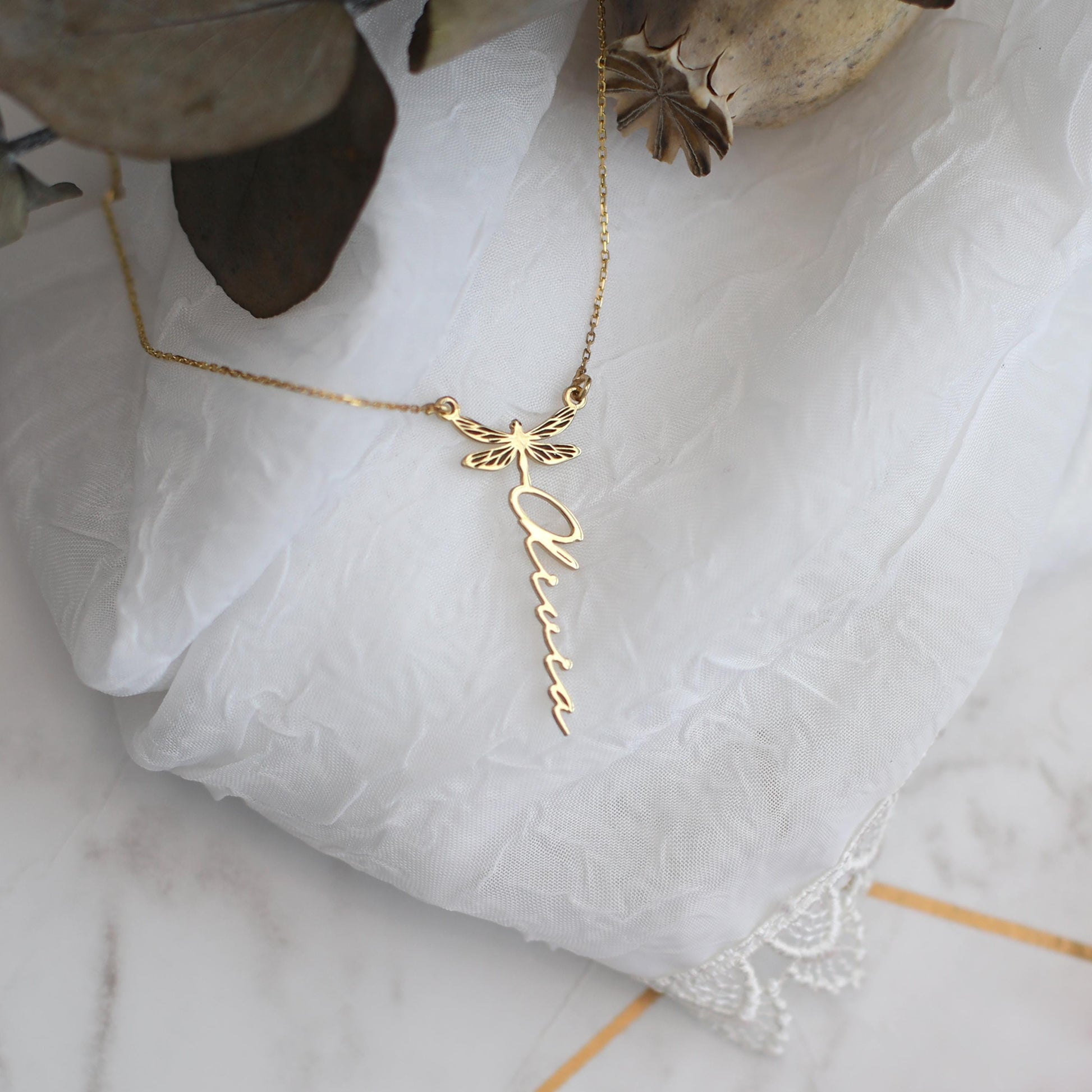 Custom Dragonfly Necklace with Name | 18K Gold Personalized Minimalist Dainty Dragonfly Necklace | Dainty Layered Necklace for Her