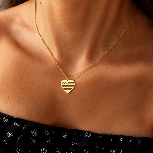 American Flag Necklace | 18K Gold Dainty USA Jewelry | Minimalist Patriotic Necklace Gift for Her | Tiny American Flag with Heart Necklace