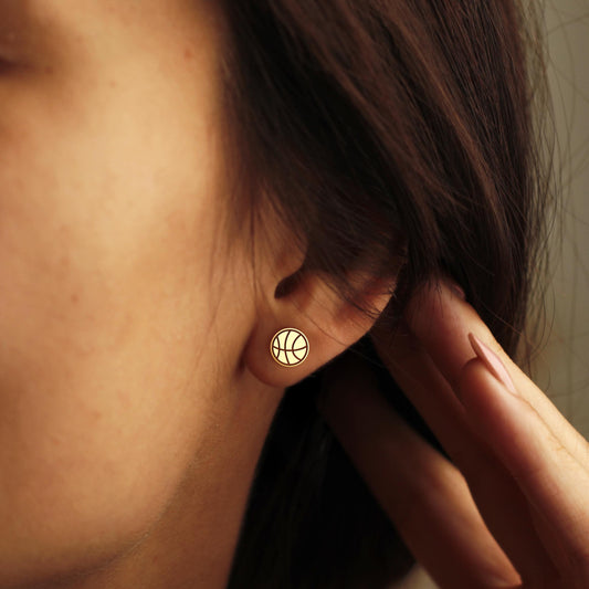 Basketball Earrings | 18K Gold Dainty Sports Jewelry | Minimalist Basketball Studs | Gift for Her | Gift for Coach | Everyday Gold Earrings