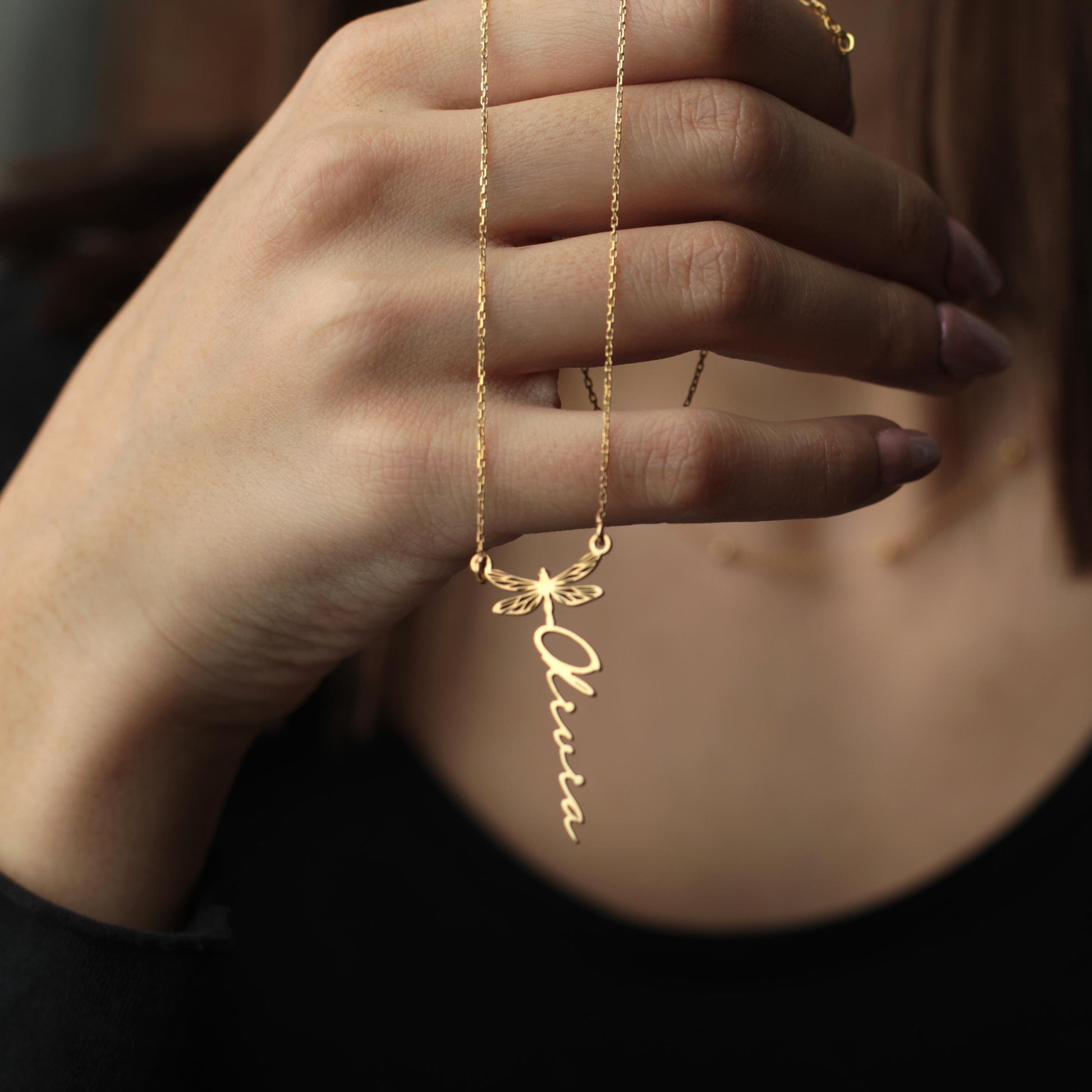 Custom Dragonfly Necklace with Name | 18K Gold Personalized Minimalist Dainty Dragonfly Necklace | Dainty Layered Necklace for Her