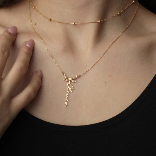 Custom Dragonfly Necklace with Name | 18K Gold Personalized Minimalist Dainty Dragonfly Necklace | Dainty Layered Necklace for Her